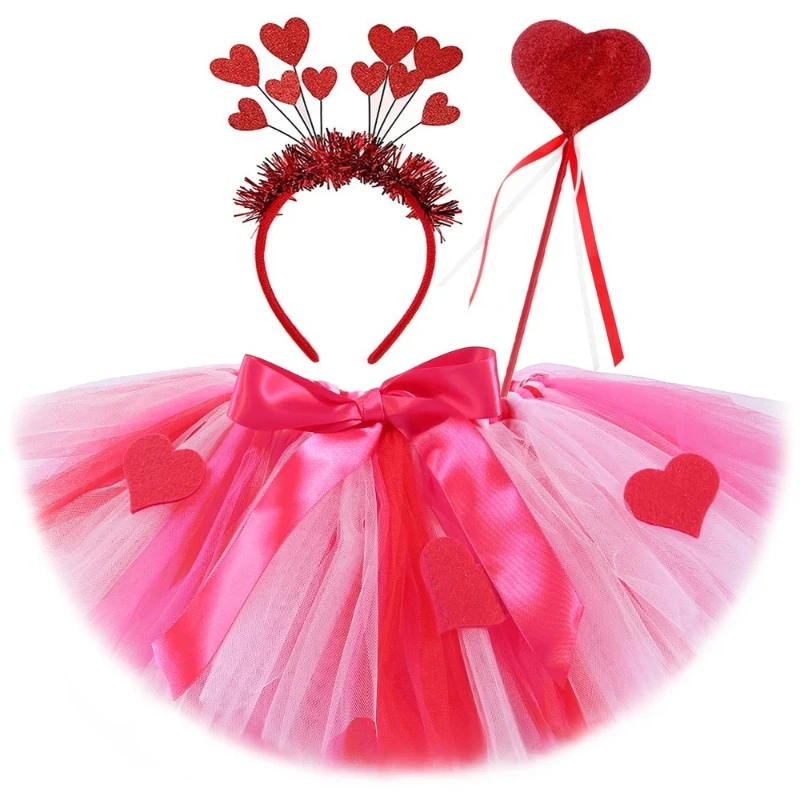 Valentines Day Red Hearts Tutu Skirt for Baby Girls Ballet Tutus Outfit Kids Carnival Birthday Costumes with Hair Bow Fairy Wand