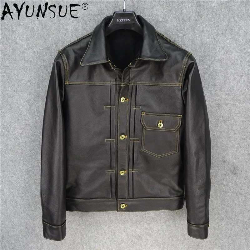 

Men AYUNSUE Jacket Jean Style Mens Clothing Real Cowhide Leather Coat Male Autumn Clothes Bomber Jackets Chaqueta Hombre LXR503