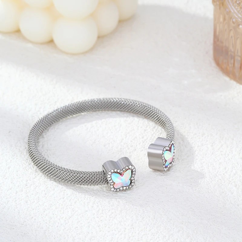 Light Luxury High-End Stainless Steel Butterfly Bracelet Niche Versatile Iridescent Shell Open Bangle