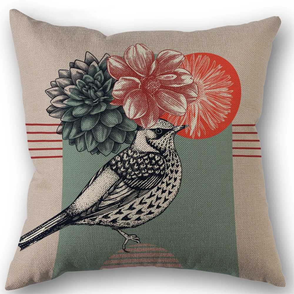 Painting Bird on a branch Pillowcase Wedding Decorative Linen Pillow Case For Home Pillow Cover 45X45(One Sides)