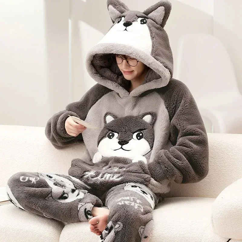 Autumn Winter Homewear Coral Fleece Men Pajamas Thick Fur Flannel Cartoon Male Loungewear Sets Plus-size Loungewear Suit Pyjamas