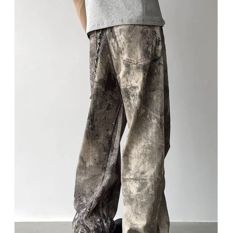 Pantaloni a gamba dritta effetto consumato High Street Splash Ink Jeans larghi dal design casual da uomo