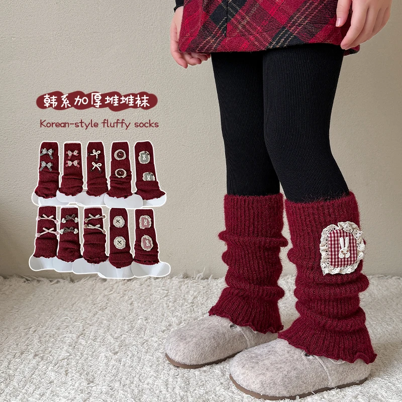 Little Girls Red Series Leg Warmers Autumn Winter Warm Knitted Slouch Socks Sweet Bow Decor Soft Stretchy Girls Calf Leg Covers