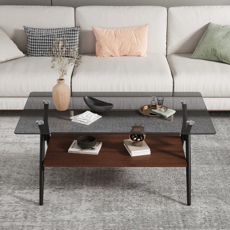

Rectangle Coffee Table with Tempered Glass Top and Brown MDF Shelf Modern Table for Living Room Gray Glass