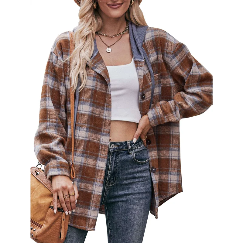 

A83F-Women's Flannel Plaid Hoodie Long Sleeve Jacket Button Drawstring Casual Fall Shirts With Pocket