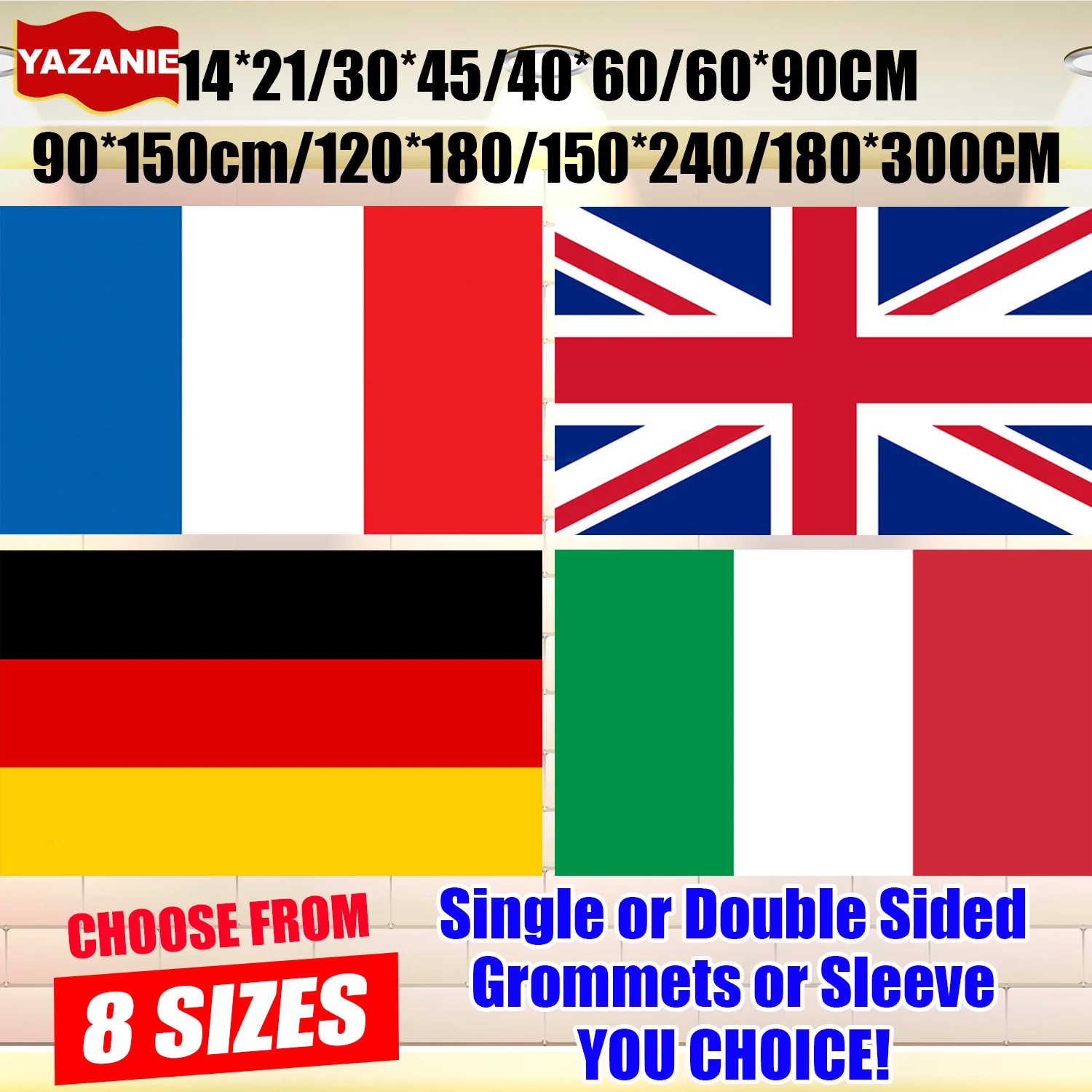 6x10FT 5x8FT Italie France Drapeaux nationaux simple/Double face Britannique Royaume-Uni Allemagne Grand Grand drapeau de pays en polyester