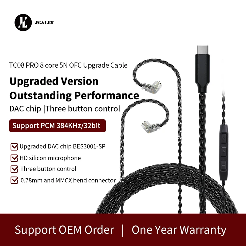 JCALLY negro TC08 PRO TC08 Cable de actualización de auriculares TYPE-C plateado con micrófono MMCX 2 pines 0,75/0,78 QDC para KZ KBEAR TRN 7HZ TFZ