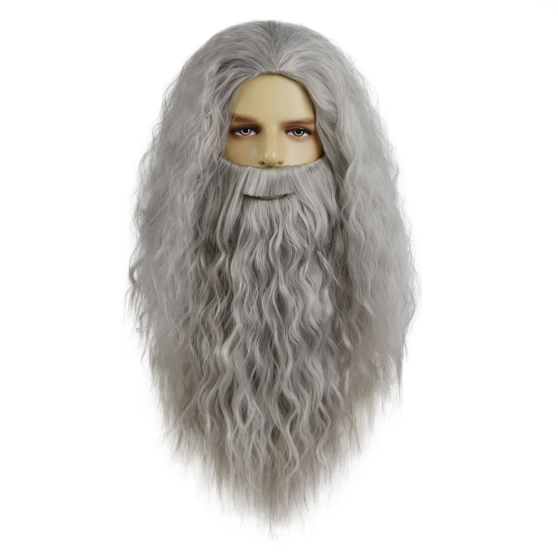 باروكة دمبلدور رمادية صناعية وحية طويلة باللون الرمادي الداكن باروكات ساحرة + لحية + عصا سحرية مجموعات إكسسوار أزياء الهالوين