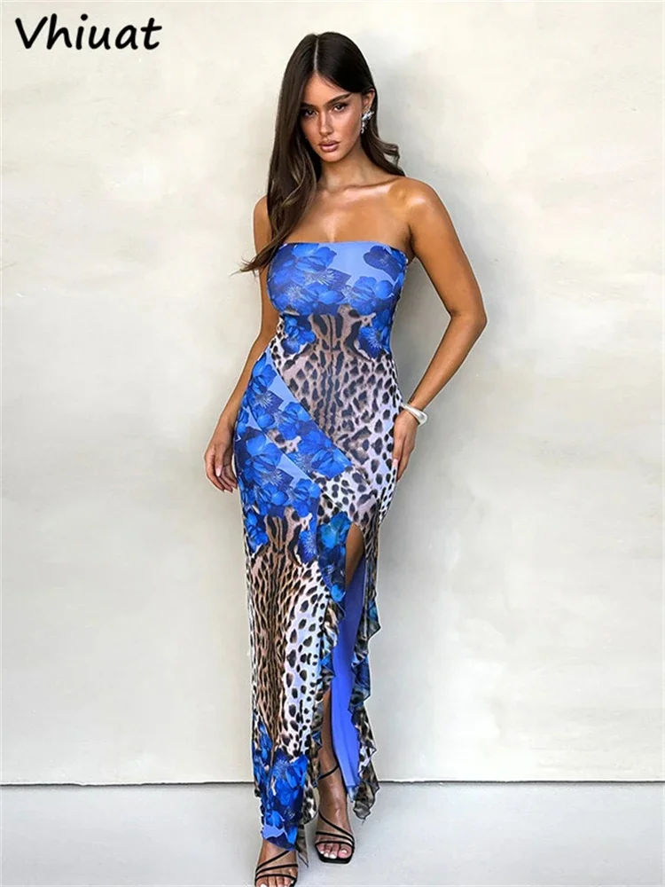 Vhiuat Blue Ruffles Off Shoulder Strapless Tube Dresses Summer Aesthetic Floral Print Ruffles Long Dress 2024 Beach Party Club