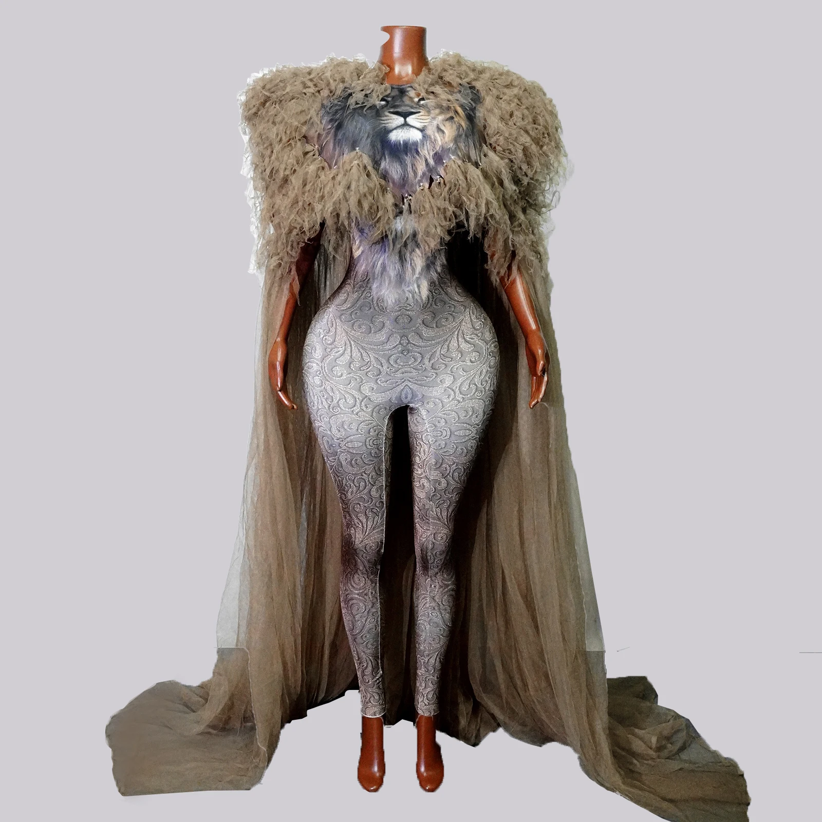 Costumes d'Halloween Sexy imprimé roi Lion marron 2 pièces combinaisons GaGa Drag scène Performance tenue Gogo vêtements fête d'anniversaire