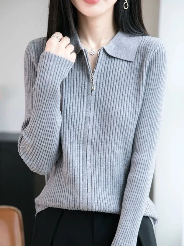 

Collar Knitted Zipper Sweater Outerwear Women's Slim Fit Breathable Soft Wool Blend Long Sleeve Casual Style Coat