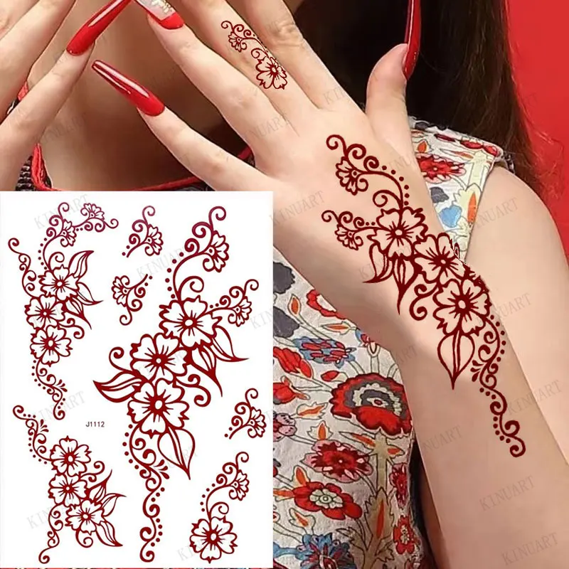 Tatuajes Temporales impermeables para mujeres, pegatinas de tatuaje de Henna, diseño de Mehndi, tatuaje falso para mano, pierna, manga, arte corporal, tatuaje de Hena