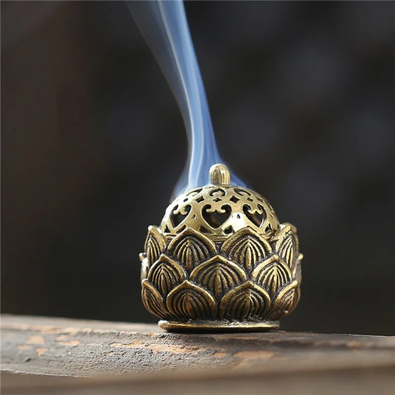 Retro Copper Small Lotus Hollow Out Incense Stick Burner Brass Holder With Cover Home Decoration Sandalwood Censer