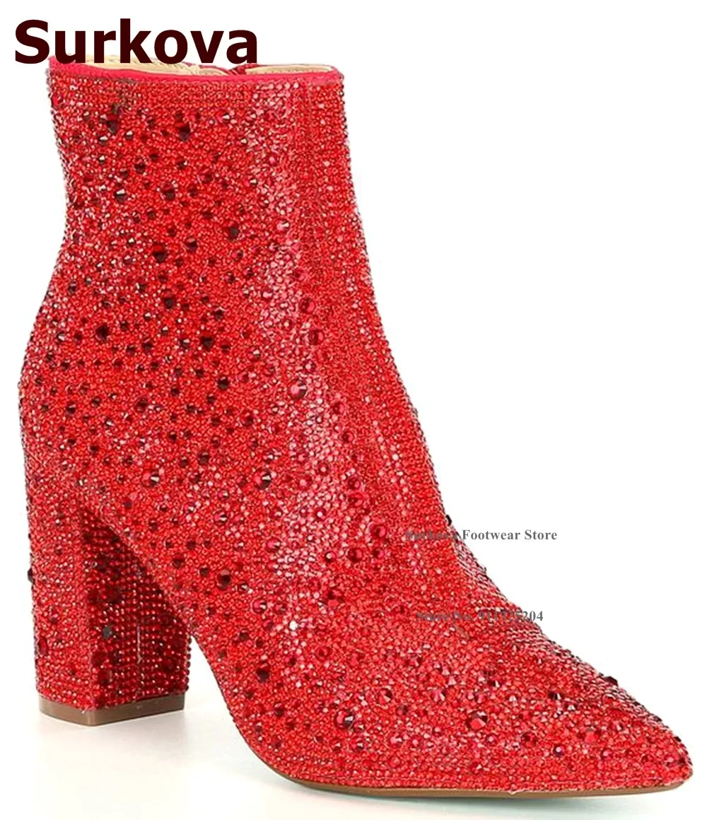 Surkova Glitter Crystal Chunky Heel Ankle Boots Shining Rhinestone Embellished Pointed Toe Short Booties Zipped Diamond Shoes