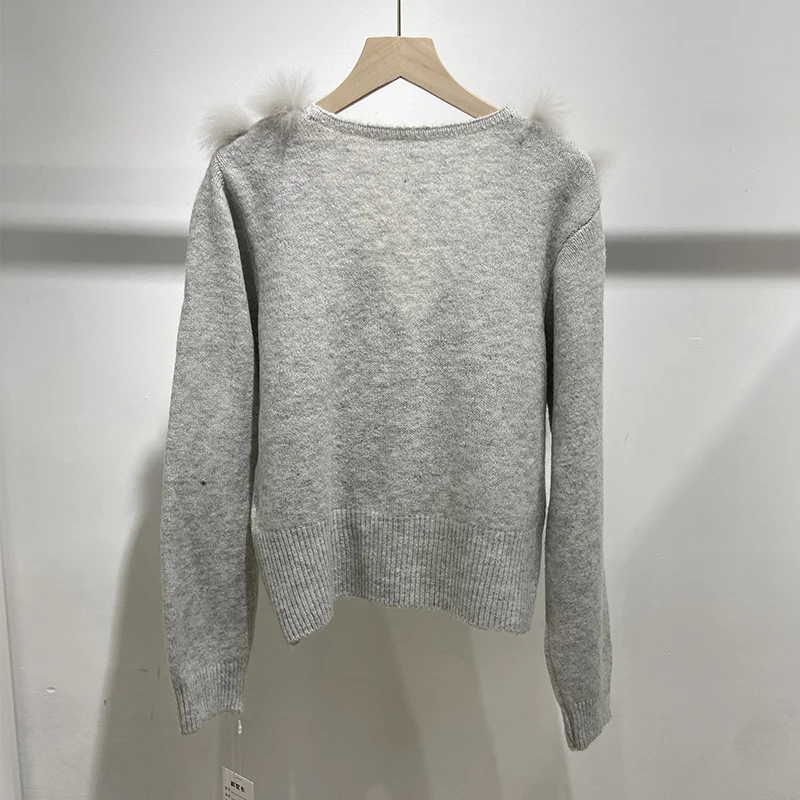 Women Autumn Real Fox Fur Knitted Coat Lady's Spring Grey Button V-Neck Sweater Coat