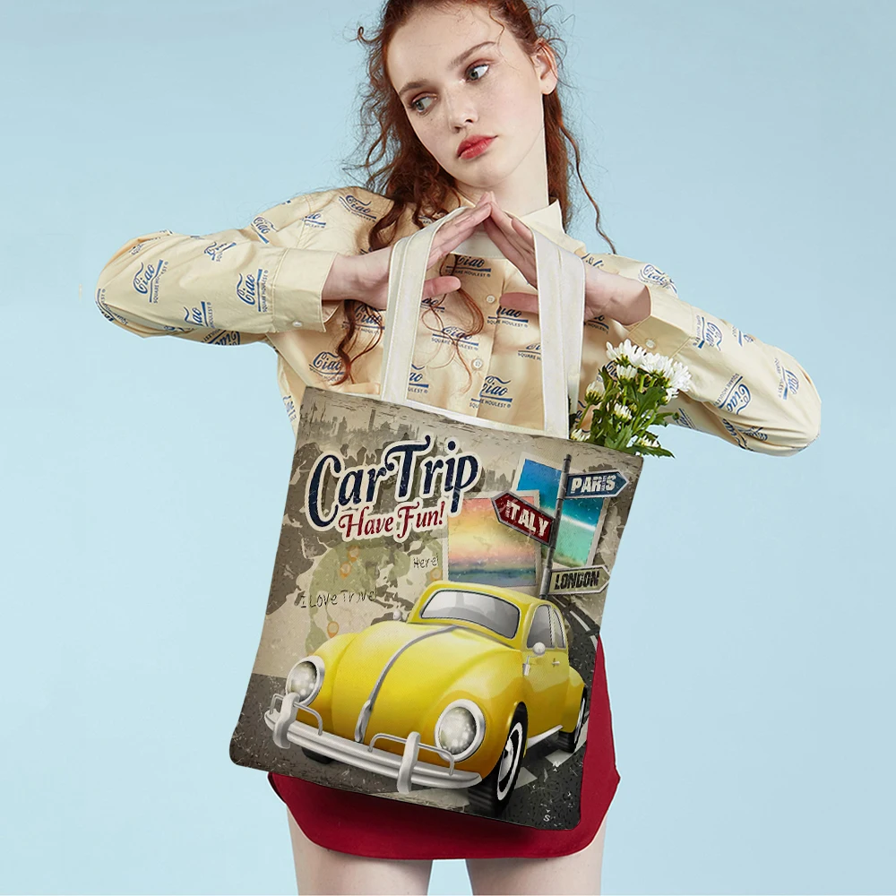 Stamp Girl Car Beach Paris Tower Rose Lady Tote Handbag Fashion  Nordic London Art Casual Women Shopping Shoulder Bag