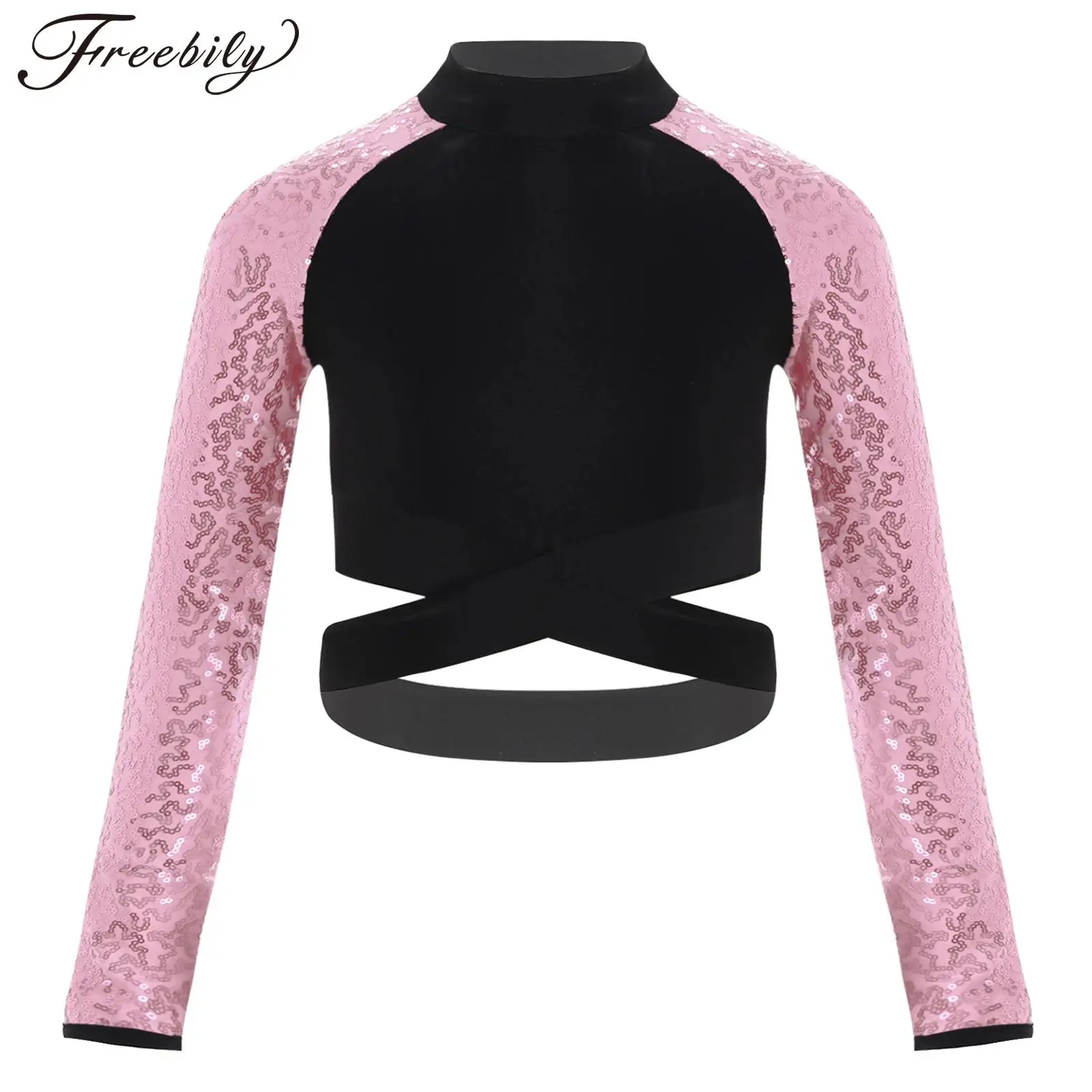 Kids Girls Hip Hop Jazz Dance Tops T-Shirts Color Block Dancewear Sequins Long Sleeve Cross Waist Crop Top Street Dance Costume