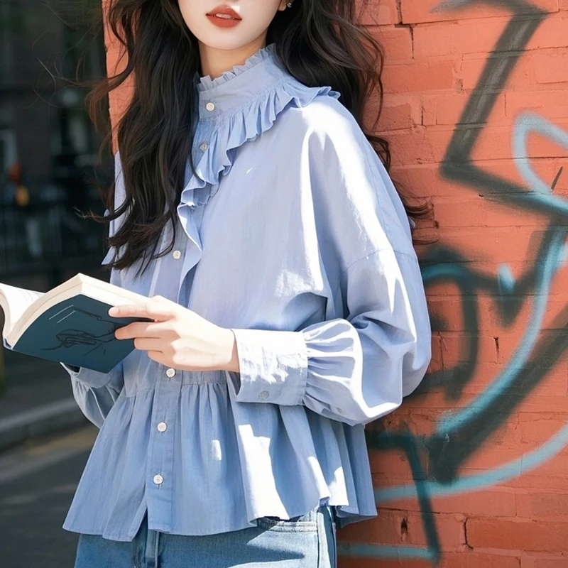 

Винтажные женские блузки, однотонные повседневные рубашки, модная свободная летняя корейская одежда, шифоновые женские топы с длинными рукавами и рюшами