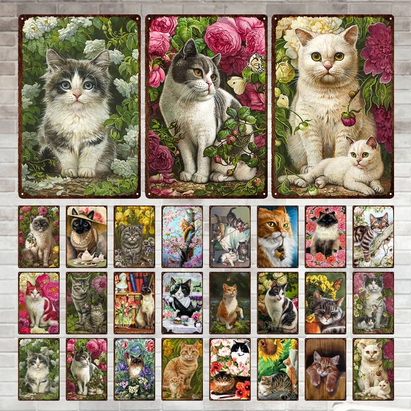 

Cats in bouquets Flowers Scenery Metal Signage Vintage Tin Signage Metal Bar Wall Decoration Bar Club Cavern Metal Poster