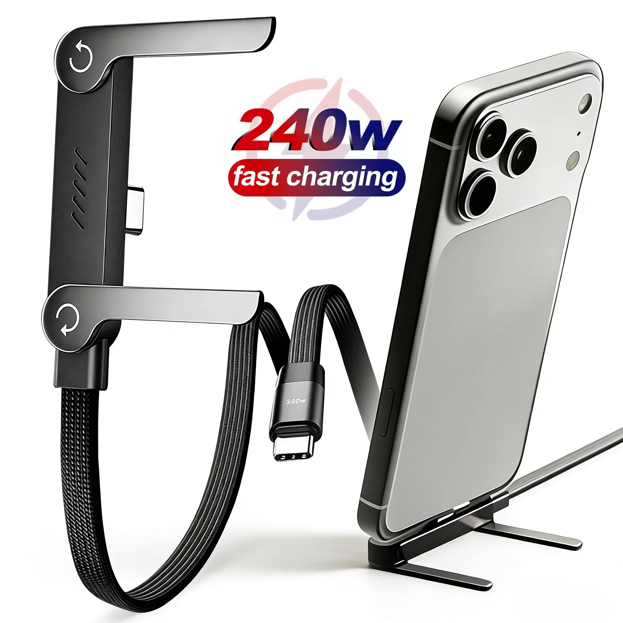 240W Elbow Type C Fast Charging Data Cable Foldable Phone Stand Holder Nylon Braided for iPhone 17 16 15 Samsung Xiaomi Huawei