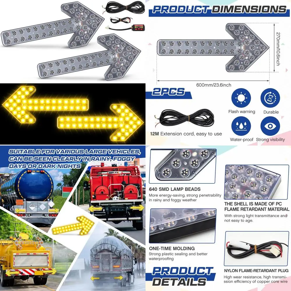 

2 шт. 23,6-дюймовый сигнальный светильник со стрелками, 12 В, светодиодный индикатор, стробоскопы для грузовиков с кронштейнами и аксессуарами для полива тележки S