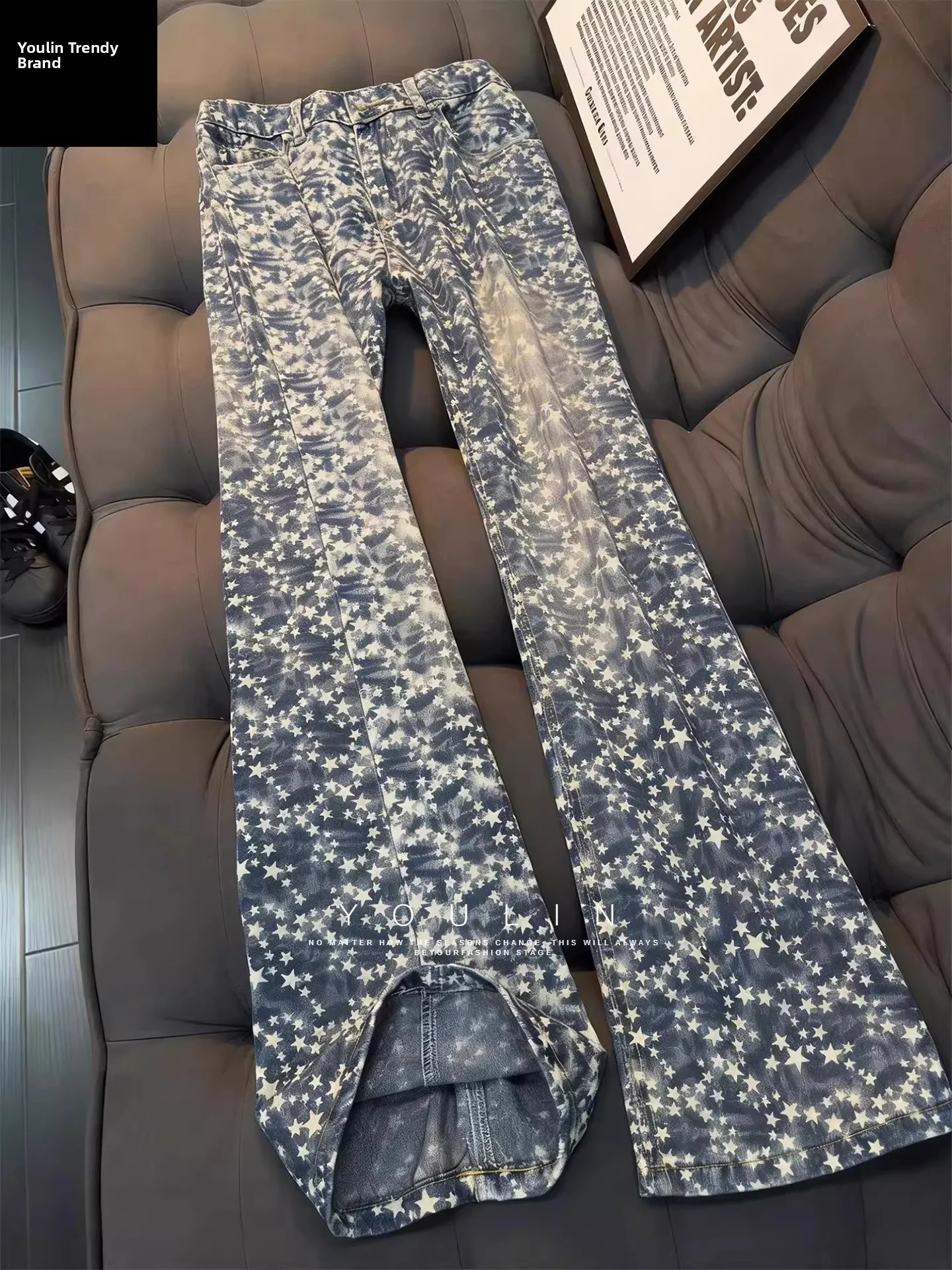 

Faionable Star Embroidered Tie Dye Waed Denim Jeans Men's Straight Leg Spring Summer High Waist Zipper Fly Youthful Trend