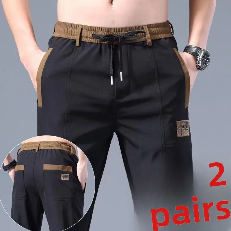 Men's Casual Straight Leg Nine-Tenths Pants Ice Silk Thin Elastic Zipper Windproof Summer Lightweight Comfortable Leisure Tro...