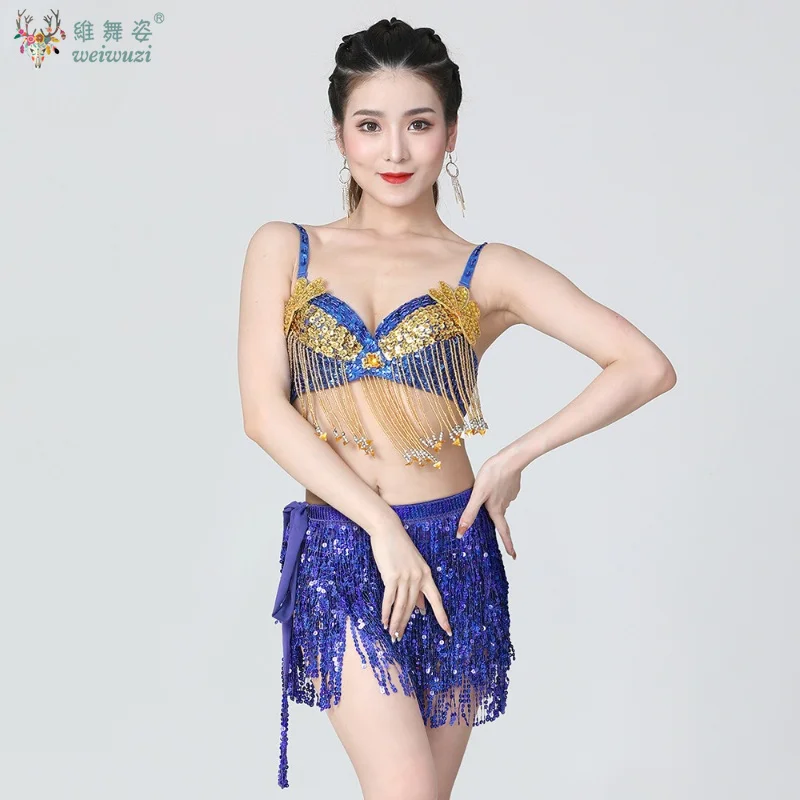 

Belly Dance Costumes Sexy Glitter Beaded Gold Coin Top+Sequin Tassel Hip Scarf Bra Set Oriental Dance Stage Practice Outfit