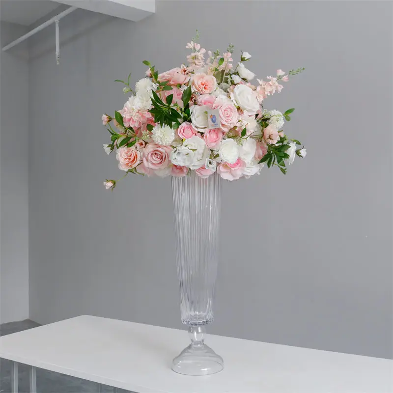 6pcs）Luxury 74cm Tall Striped Cone Clear Glass Flower Vase Wedding Table Decor High Quality Trumpet Style Wedding Vases