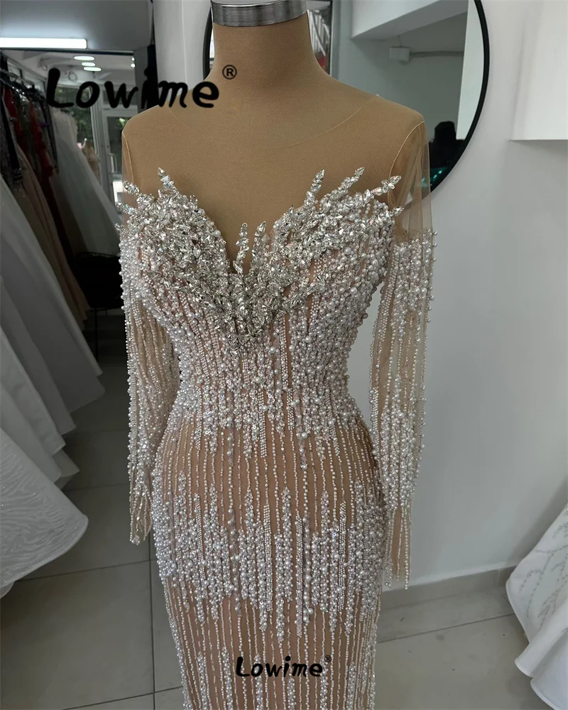 Elegant Women Evening Dresses Robe Long Sleeves Full Pearls Beaded Champagne Wedding Party Dress Customized Crystals Prom Gowns