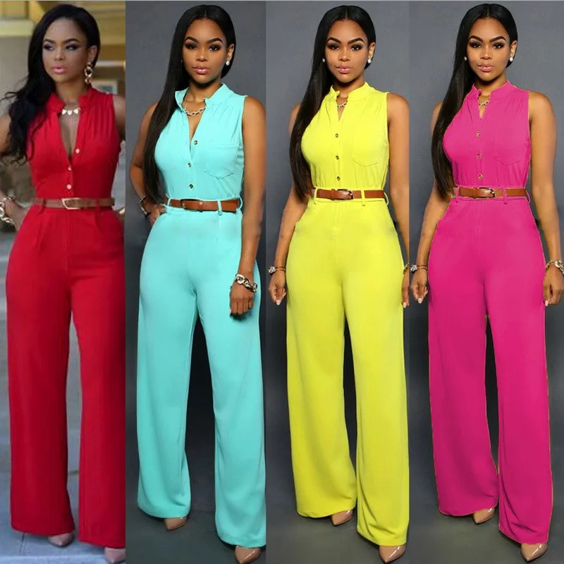 

Spring Women's Clothing Sexy High Waist Wide Leg Jumpsuit With Detachable Belt Solid Polyester Milk Silk Romper For Woman