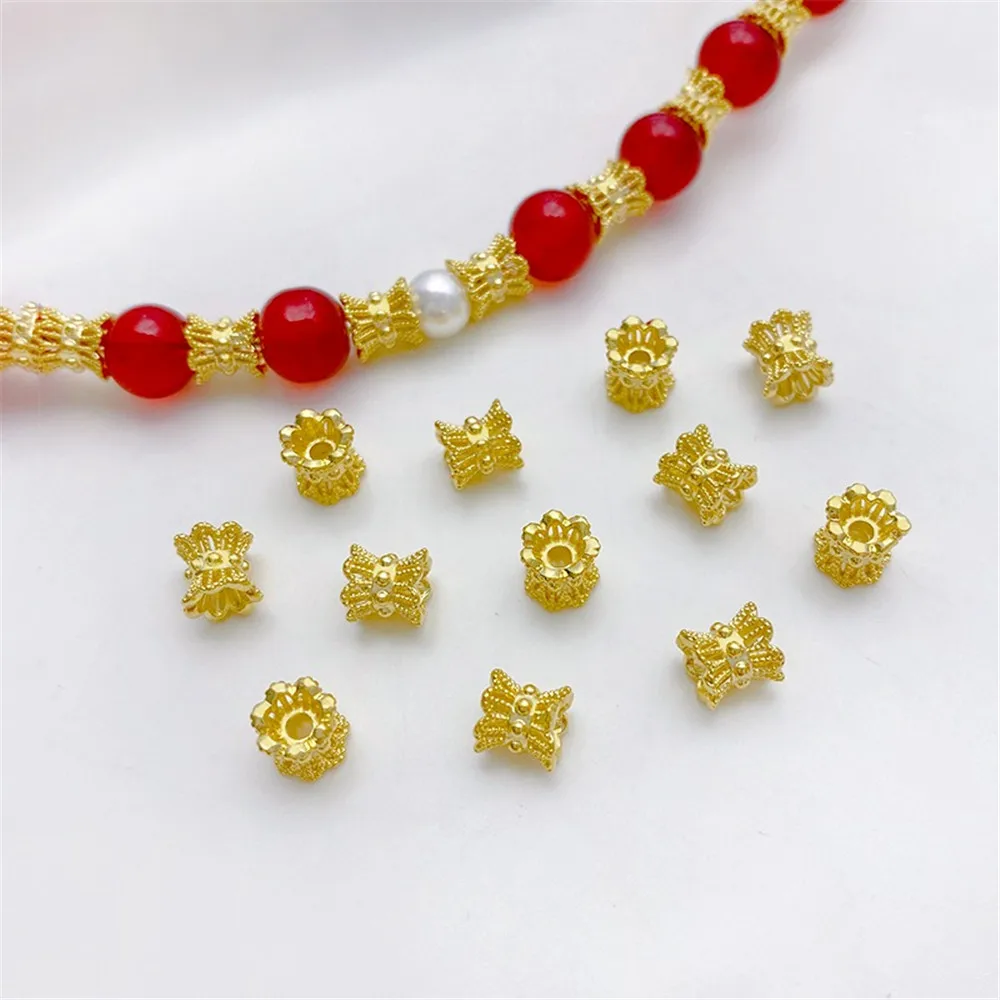 14K Gold-Color Hollow Double-sided Flower Holder Barrel Loose Beads DIY String Bracelet Necklace Jewelry Materials Accessories