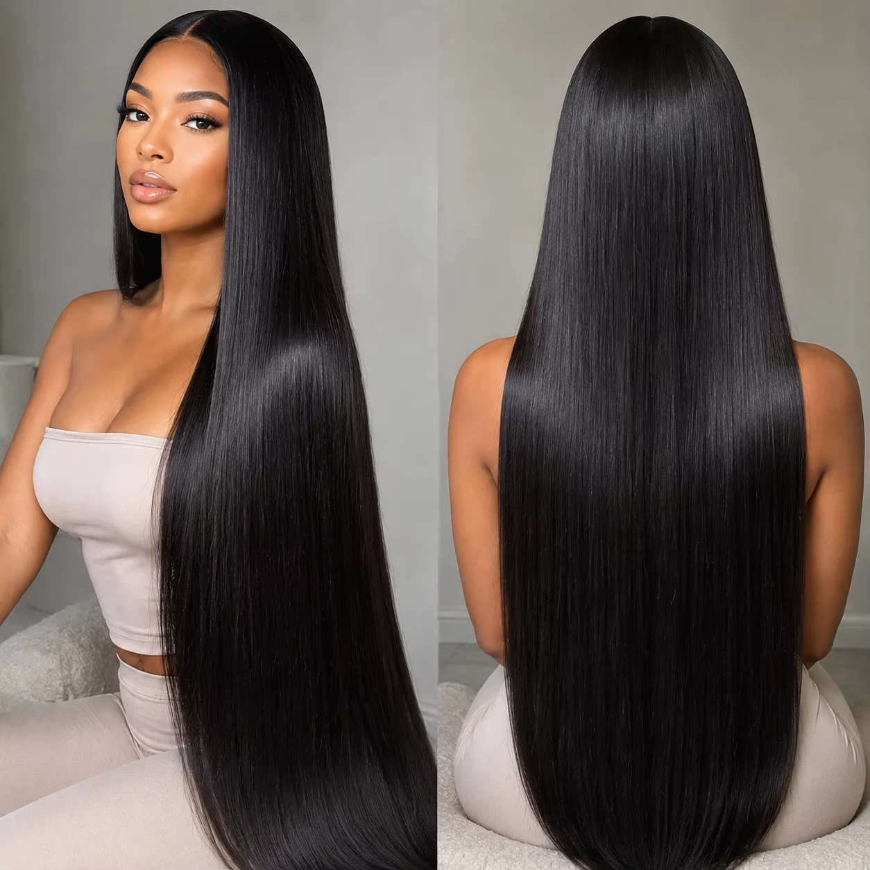 Rrosabeauty 13x6 Straight Lace Front Wigs Human Hair Pre Plucked Upgrade Invisible Drawstring Wigs Human Hair with Tapes 250 Density Glueless Wigs Human Hair for Women