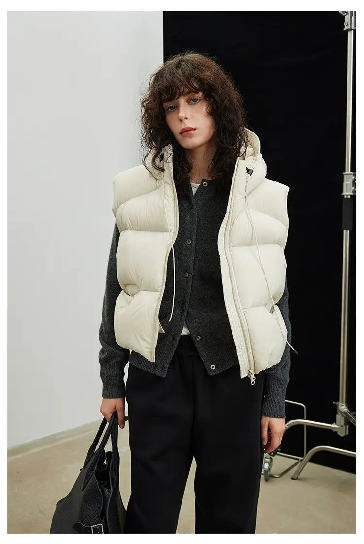 Damska kamizelka z kapturem, ocieplana, nowa kolekcja jesień-zima 2025, koreański styl, modna, luźna, ciepła krótka kurtka.