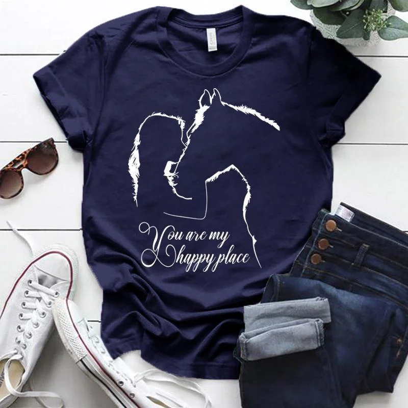 T-shirt manches courtes col rond femme, estival et humoristique, imprimé cheval et fille, You Are My Happy Place