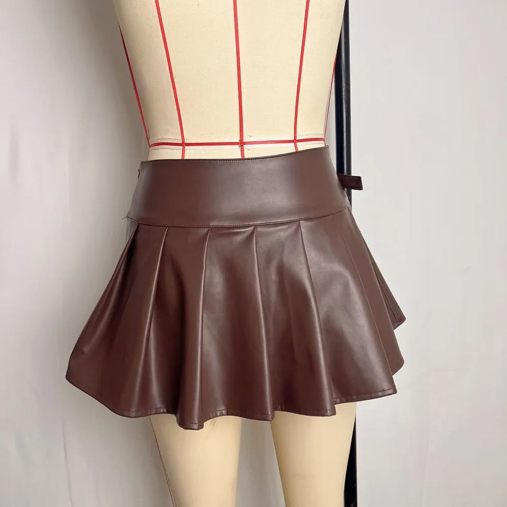 SKMY كلية نمط مطوي التنانير الملابس للنساء موضة تنوعا فتاة حار عالية الخصر بولي Leather التنانير الجلدية مع قيعان #5