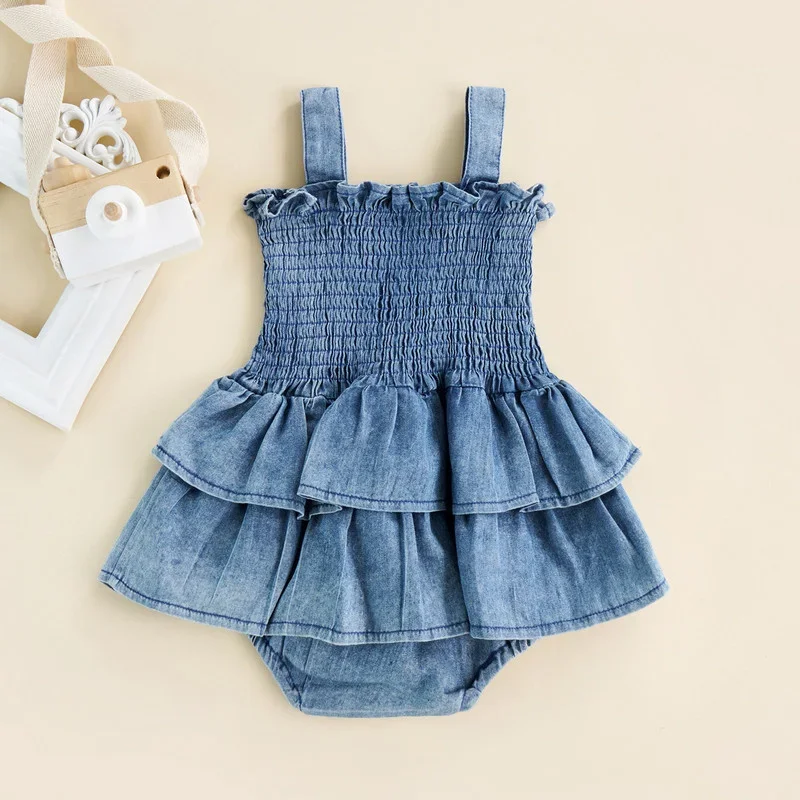 0-18 Months Baby Girl Romper Sleeveless Suspender Pleated Design Ruffle Hem Bottom Snap Button Cute Jumpsuit