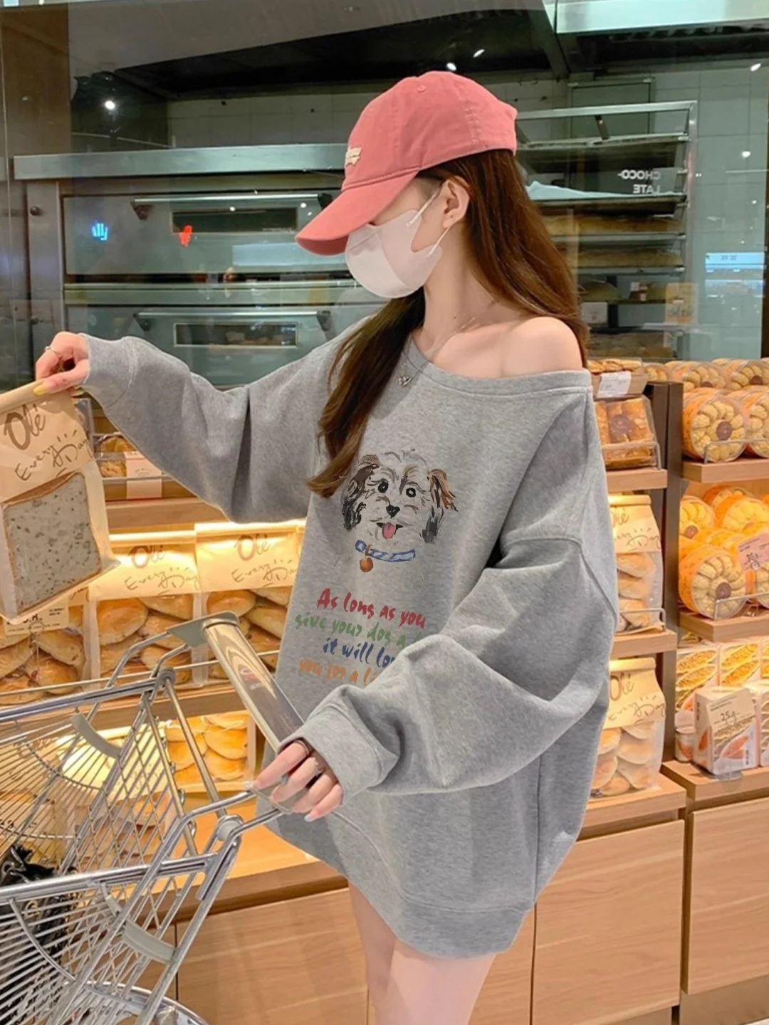 

Корейский стильный свитшот с принтом собаки, асимметричным воротником, свободного кроя, женский, модный, осенняя новинка, студенческий размер