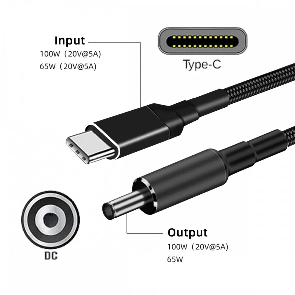 노트북용 USB C타입-DC 케이블, 180cm, 100W, USB-C 입력에서 20V DC 5.5x2.1mm 출력 전력, 20V 5A 65W PD 충전 케이블