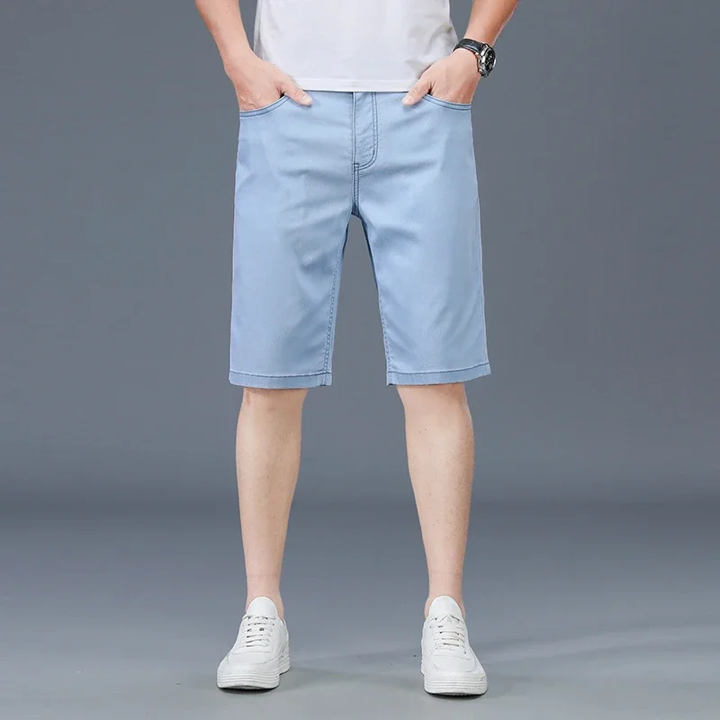 BROWON 2025 Summer Denim Shorts Men Casual Thin Cool Breathable Straight Sky Blue Oversized Knee Length Jeans Work for Man