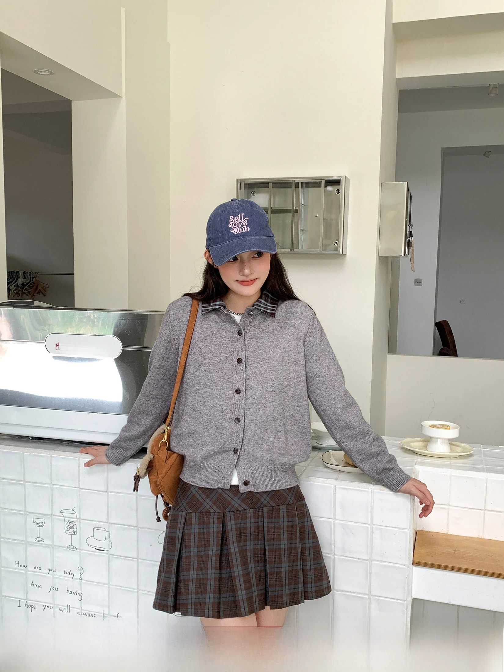 

Bla Label Li Xiaoxiao Women's Oversized Knitted Open Cardigan Casual Sle Regular Sve Long Length ey Plaid Collar Swe...