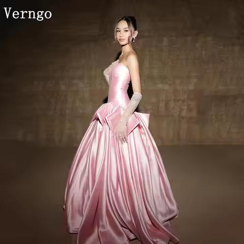 Verngo Pink Satin Evening Dress Strapless A Line Prom Gowns Women Elegant Pleated Bow Formal Occasion Dress Customized