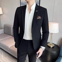 (Jacket + Pants) High End Brand Boutique Solid Color Mens Casual Business Office Suit Groom Wedding Dress Party Blazer Trousers 2