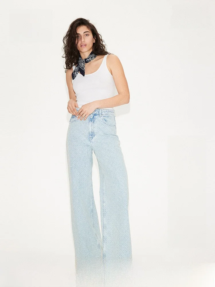 

Женские летние джинсы H&M из флиса с низкой посадкой, широкими штанинами, длинные, из хлопкового денима, удобные, модные, женские джинсы