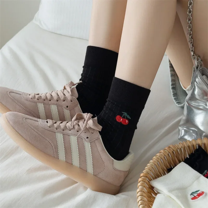 Embroidery Cherry Women Socks Japanese Fashion Knitted Cotton Black White Long Socks Women Sweet Girl Lolita Kawaii Ruffle Socks