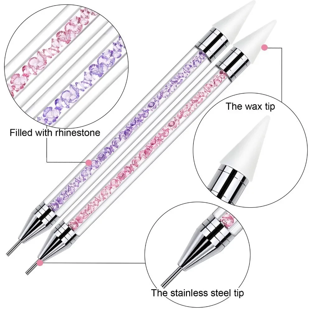 Nail Art Dual Heads Acrylic Design Metal Dotting Wax Pen Rhinestones Gem Picking Picker Manicure Drill Pencil Silicone Head Tool