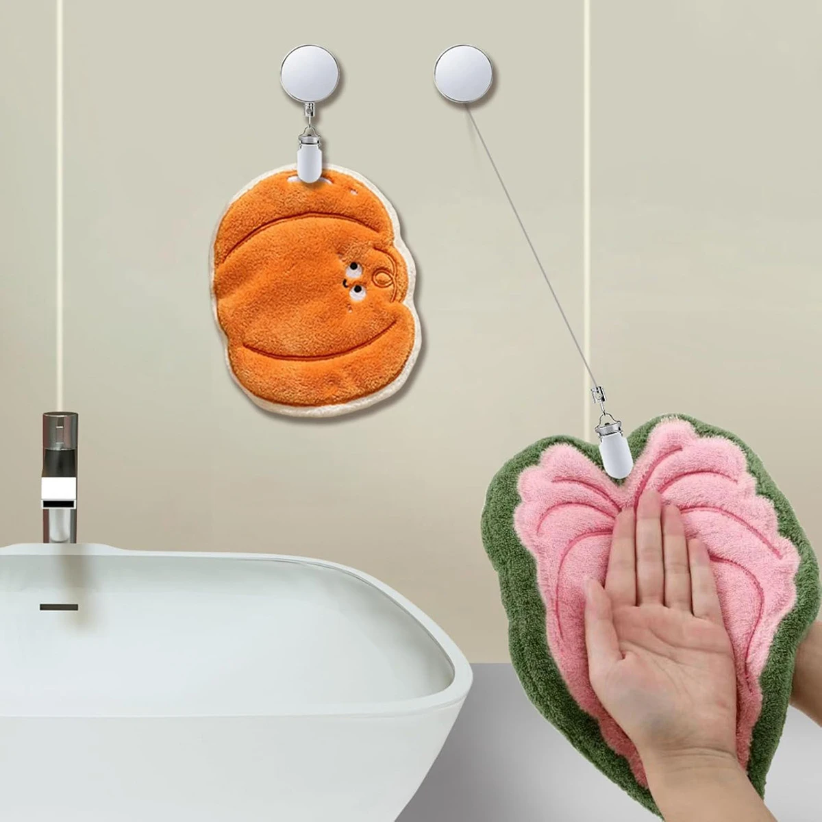 1PC Automatic Retractable Towel Rack No-Drill Self-Adhesive Wall Mounted Hand Towel Holder with Stainless Steel Cable Clamp