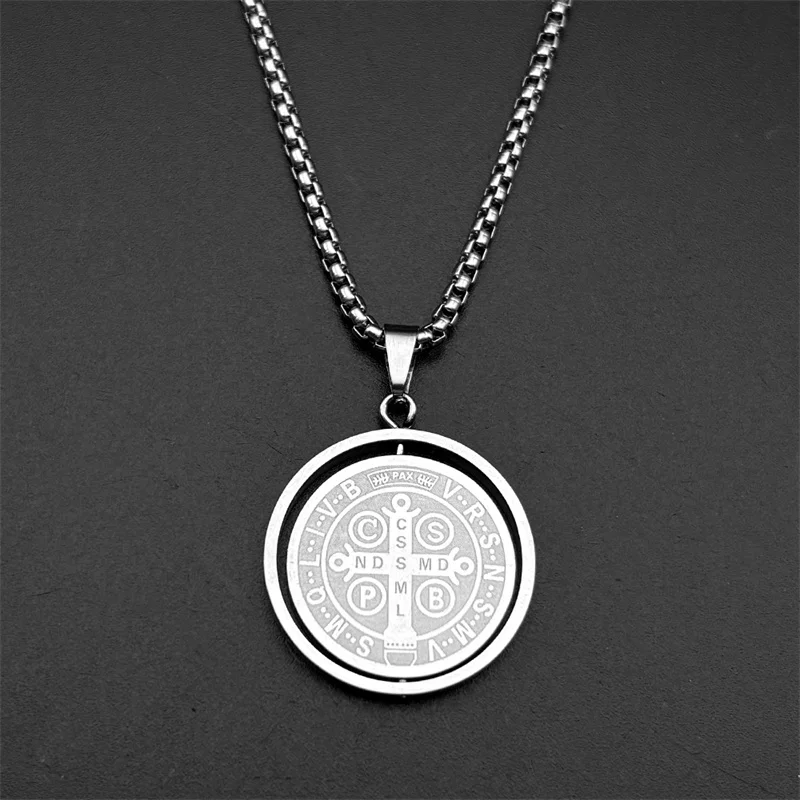 تدوير الكاثوليكية سانت بنديكت ميدالية قلادة للنساء الرجال الفولاذ المقاوم للصدأ الذهب اللون سلسلة القلائد مجوهرات سان بينيتو #2