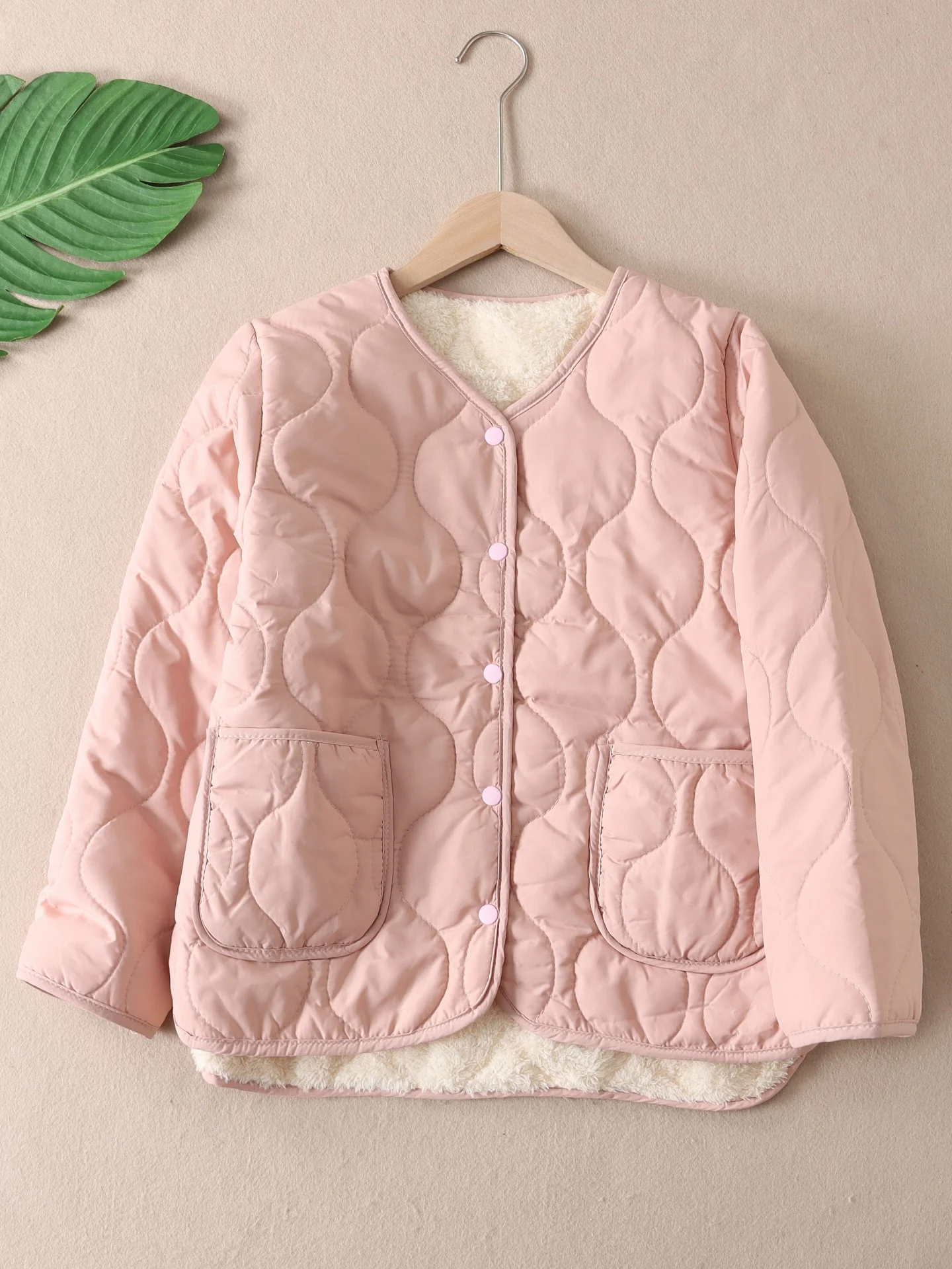 Women's Thickened Fleece Lined V-Neck Cotton Jacket New Stitched Cotton Windproof Warm Outerwear Casual Straight Cut Long Sleeve