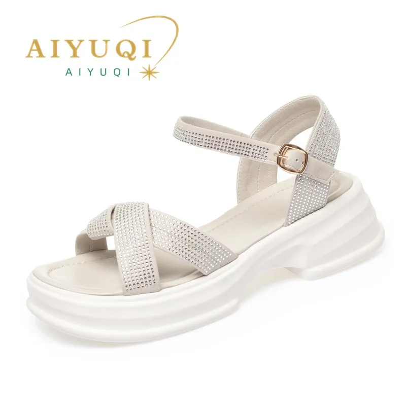 

AIYUQI Women Sandals Summer 2024 New Casual Sandals Women Platform Rhinestone Bottom Genuine Leather Sandals Women